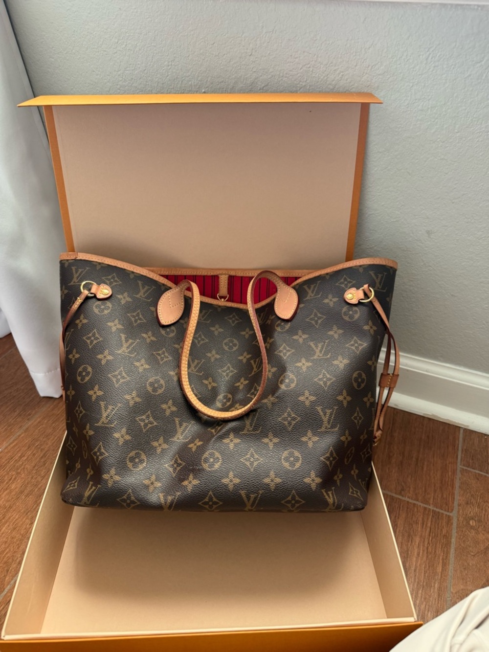 Louis Vuitton Monogram Canvas Tote with Natural Leather Trim and Red Interior